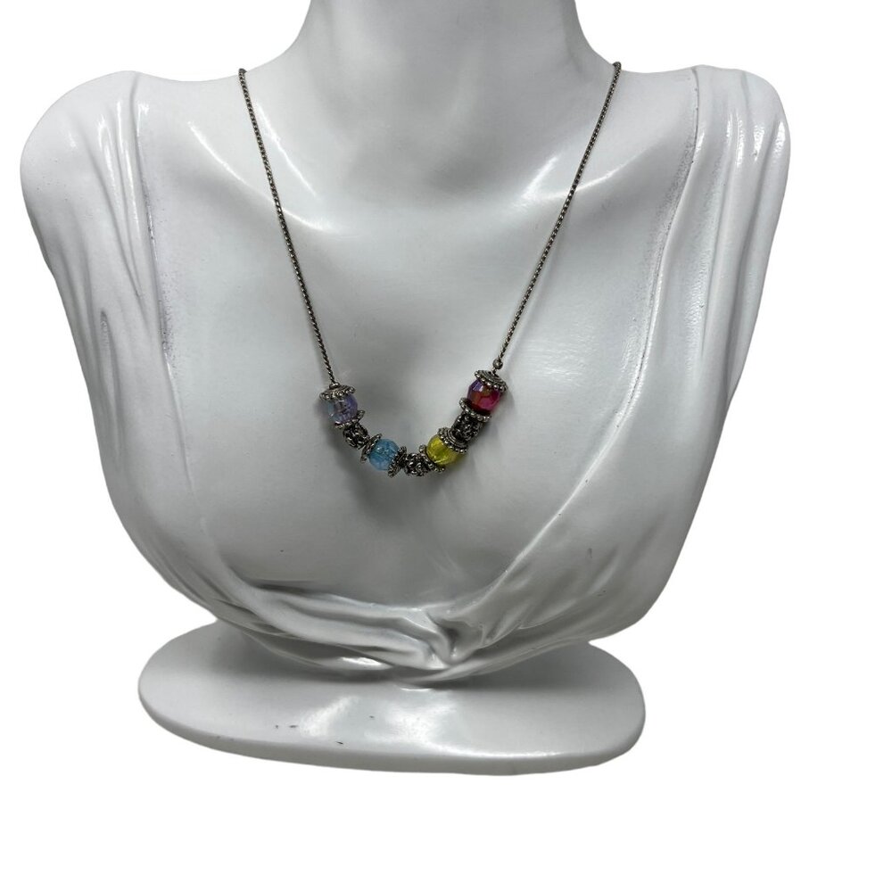 Vintage Necklace Multi Color Beads Silver Tone Chain and Disks
